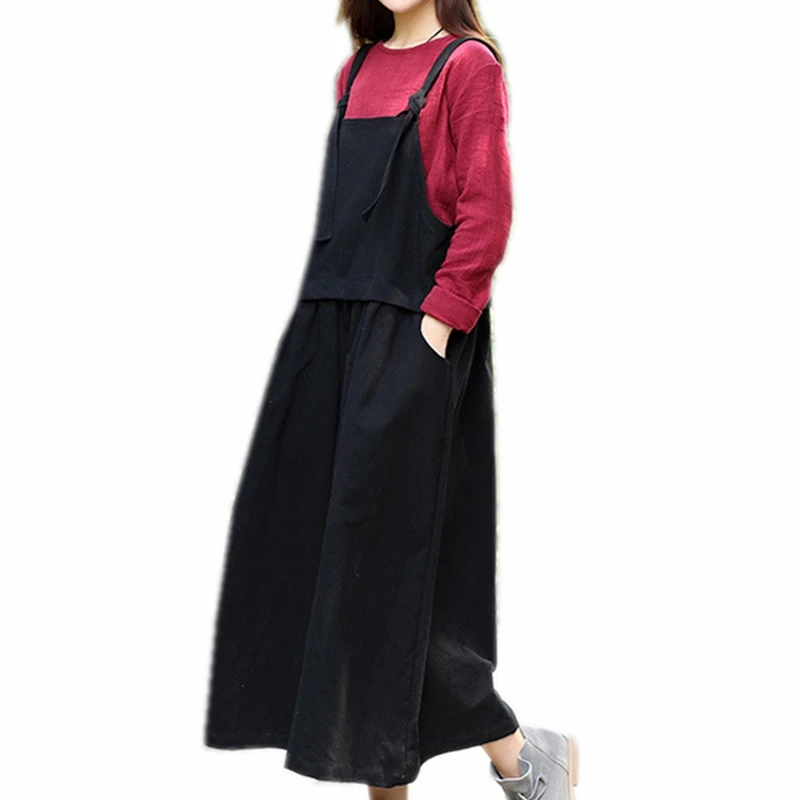Mori Girl Long Overall Long Skirt 100 Cotton Preppy Black Red Midi