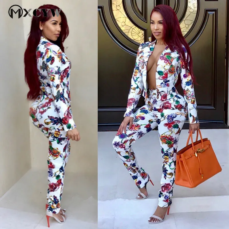 Work Two Piece Set Women 2018 New Autumn Winter Sexy Flowers Print Blazer+ Pants Suit Set Jacket Outfits Office Suits
