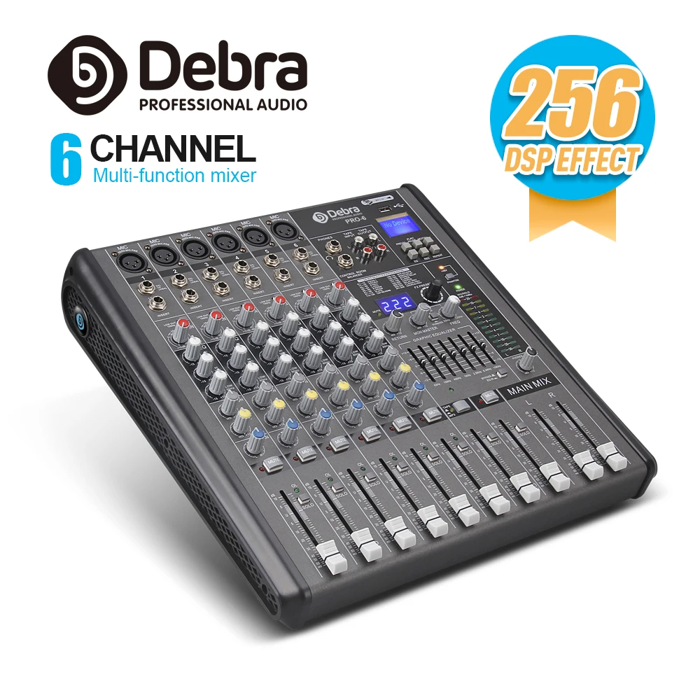 

Professional Debra Audio PRO 6 Channel with 256 DSP Sound Effects Bluetooth Studio Mixer Audio - DJ Sound Controller Interf