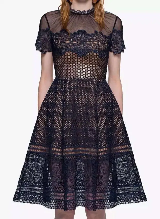 

2018 women new arrival spring hollow out short sleeve lace dress high quality self portrait dresses party vestidos