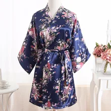 Темно-синий китайский стиль женский Атласный халат банное платье женская ночная рубашка с цветочным рисунком кимоно юката пижамы Один размер JA28