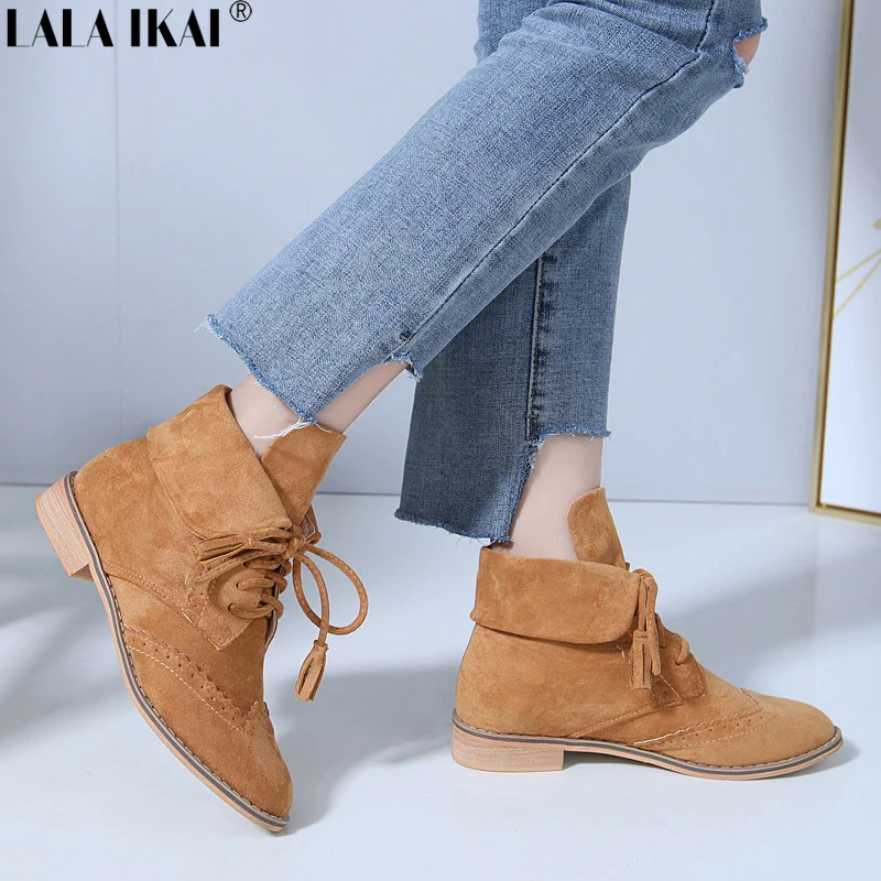 

LALA IKAI Winter Women Boots Autumn Vintage Square Heels Ankle Boots Lace-Up Flock Cross-tied Ladies Boots XWC2472-5