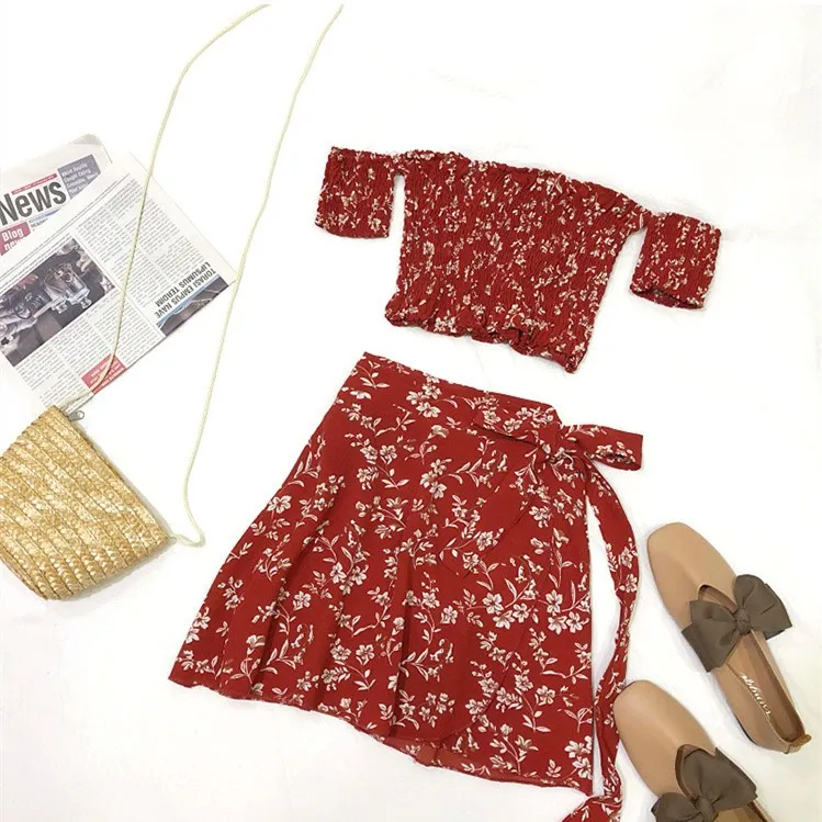 

Women Summer 2 Pcs Set Sexy Off Shoulder Crop Tops Lace Up Mini Skirts Suits Beach Boho Two Piece Sets