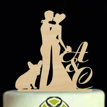 

Mr and Mrs Cake Topper,Monogram Initial Wedding Cake Topper,Kissing Bride and Groom Silhouette Cake Topper With Dog,Wedding Gift