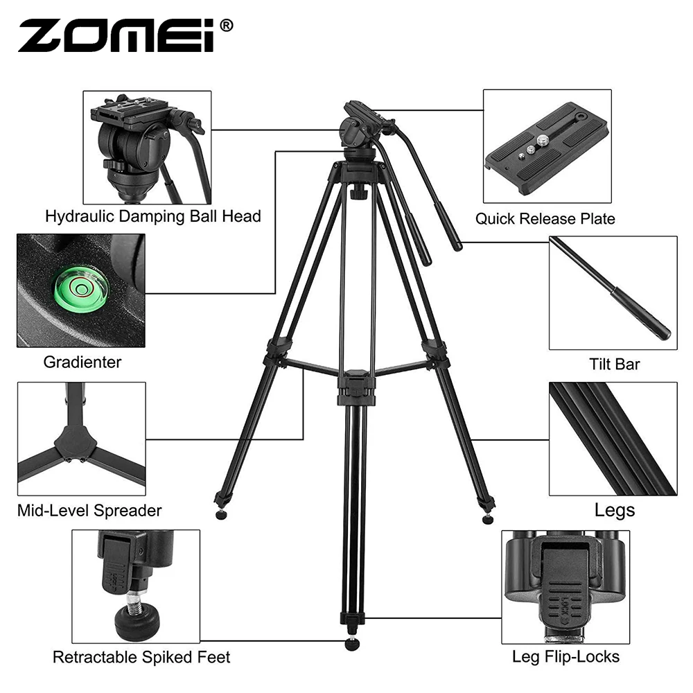 Zomei видео штатив VT666 с профессиональной 360 градусов жидкости демпфирования головки и подходит для панорамной съемки DSLR видеокамеры