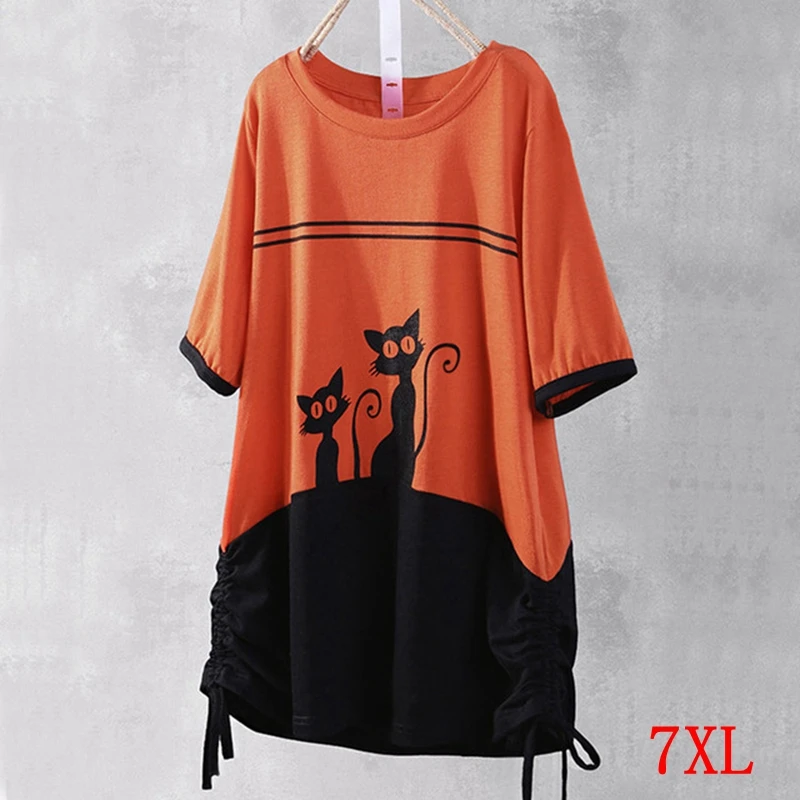 

Large size women's T-shirt stitching contrast color plus size 5XL 6XL 7XL summer round neck short sleeve loose orange T-shirt