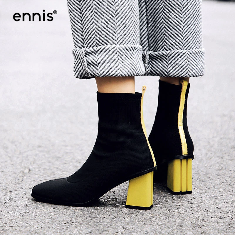 ENNIS 2019 Designer Fabric Stretch Boots Women Chunky Heel Boots Zip Ankle Boots Autumn Winter