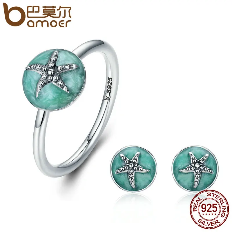 BAMOER Authentic 925 Sterling Silver Dazzling Starfish Finger Ring Earrings Jewelry Sets Luxury Sterling Silver Jewelry