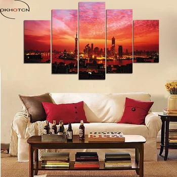 

OKHOTCN Framed HD Printed City Night Sky Scenery Painting on Canvas Landscape Murals Modern Home Living Room Decoration Pictures