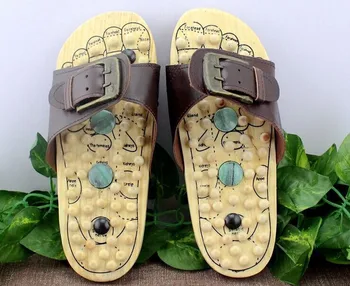 

Health care Wooden base acupunture foot massage slippers natural stone acupoint massage slippers