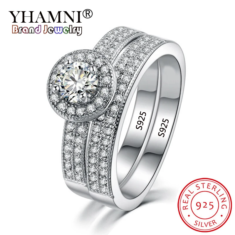 

YHAMNI Real Original 925 Sterling Silver Rings Set Gift Wedding Jewelry Zircon CZ Engagement Rings For Women Full Size KBR007