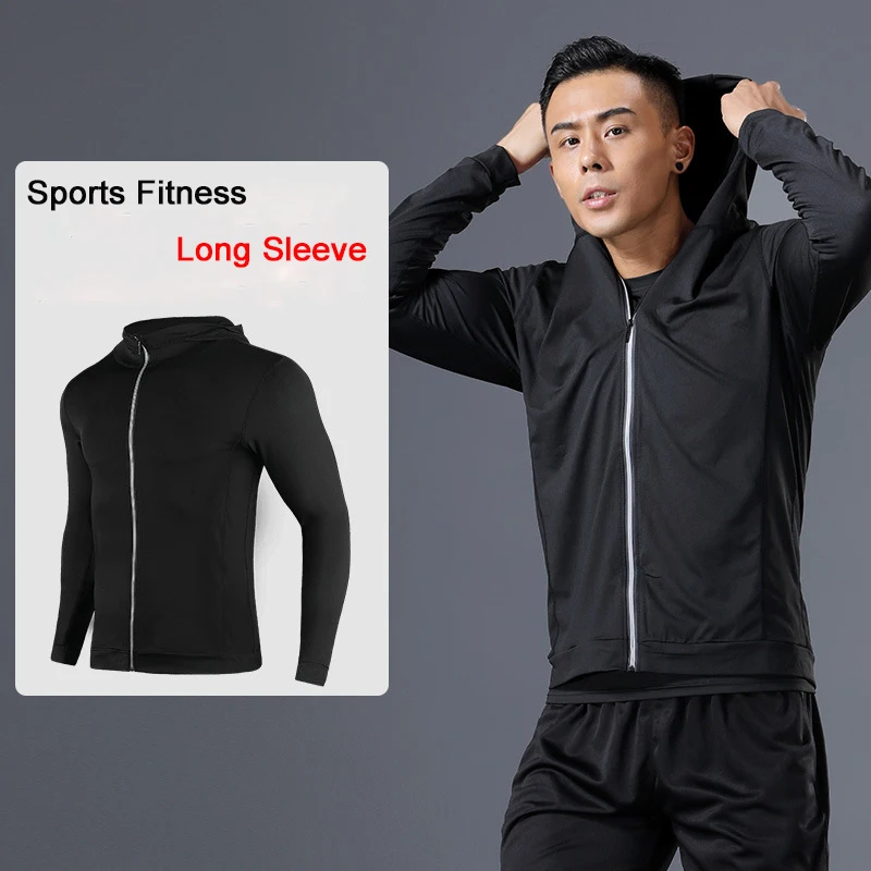 Мужские тренировочные куртки с длинным рукавом и капюшоном, облегающая куртка для велоспорта, бега, фитнеса, спортивное пальто со светоотражающей молнией