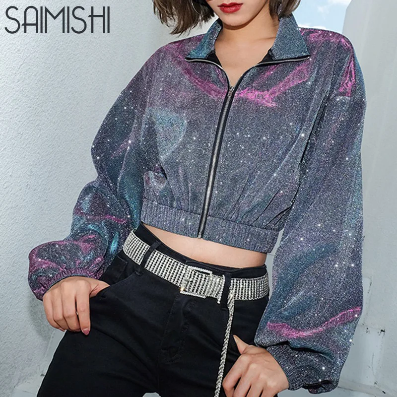 

Saimishi Fashion Bling Bling Short Jacket Women Spring Autumn Casual Zipper Outerwear Long Sleeve Turn Down Collar Female Coats