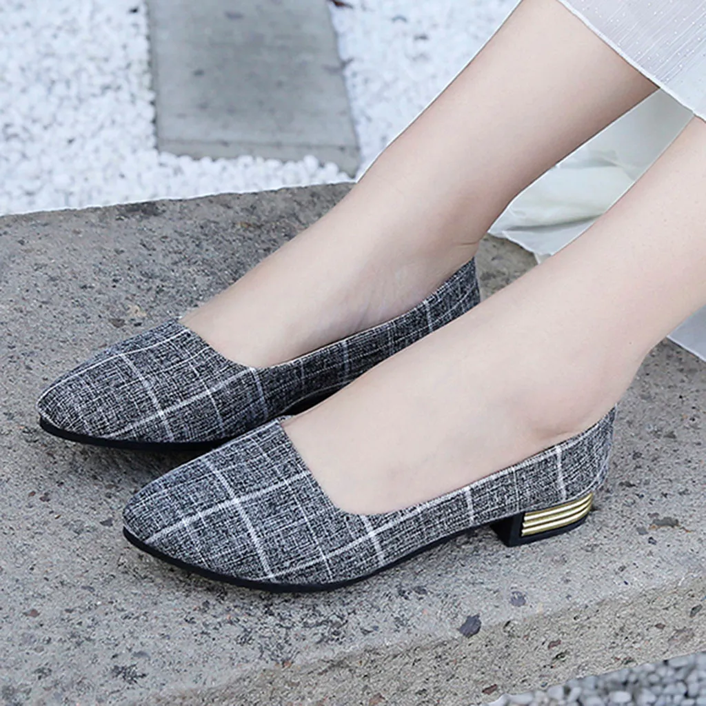 

Perimedes new Fashion Gingham single shoes for woman concise Pointed Toe Loafers Canvas Singles Shoes square heel shoes