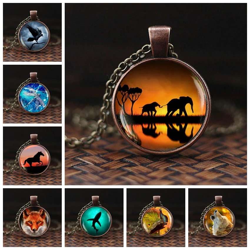 Men Cool Elephant Fox Horse Shark Wolf Pendant Necklace Women Fashion Choker Necklace Wild Animal Glass Cabochon Jewelry Gift