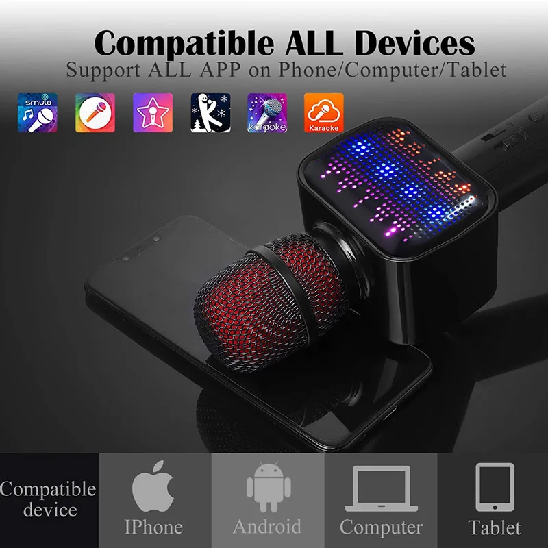 

Latest Bluetooth Karaoke Microphone, Speaker, Player, Recorder, Voice Changer 4-IN-1 Wireless Mic with Dynamic LED Li