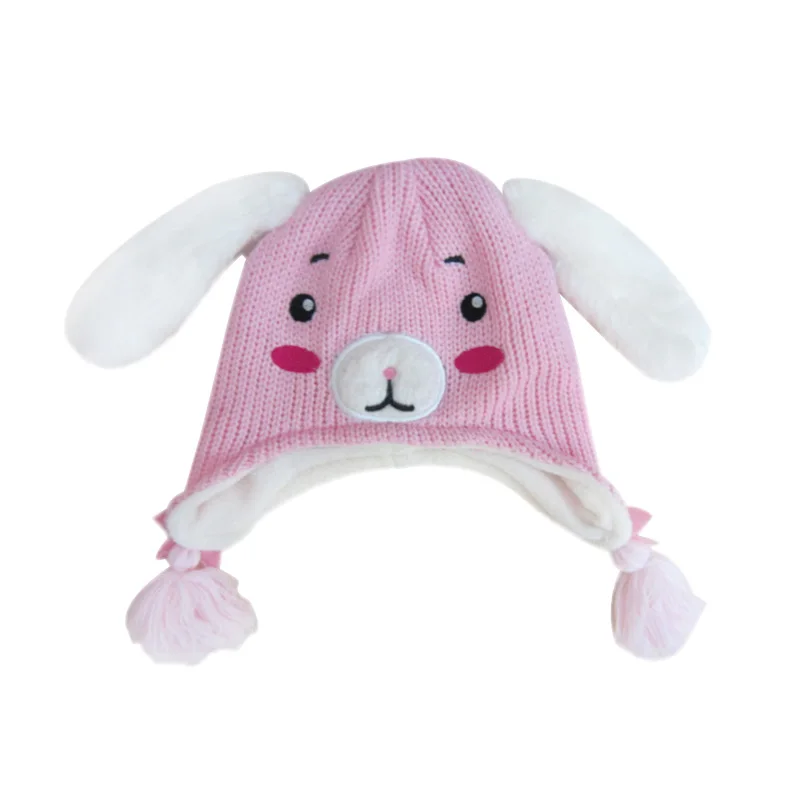 Cute Rabbit Baby Hat For Girls Cotton Knitted Pattern Kids Beanie Pink Girls Hat With Ears Thick Double Layer Warm Winter Hat  (1)