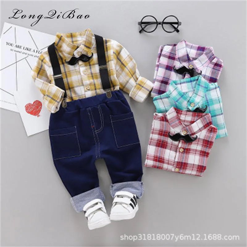 

Boys 2018 new autumn children's two-piece casual plaid shirt handsome beard strap set 0-1-2-3 years old baby