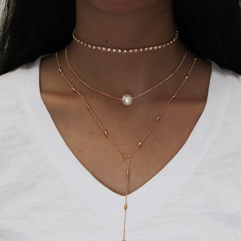 

Necklace Set Crystal Pendant Three-layer Simulated-pearl Necklace For Women Boho Steampunk Long Necklace Jewelry Beads