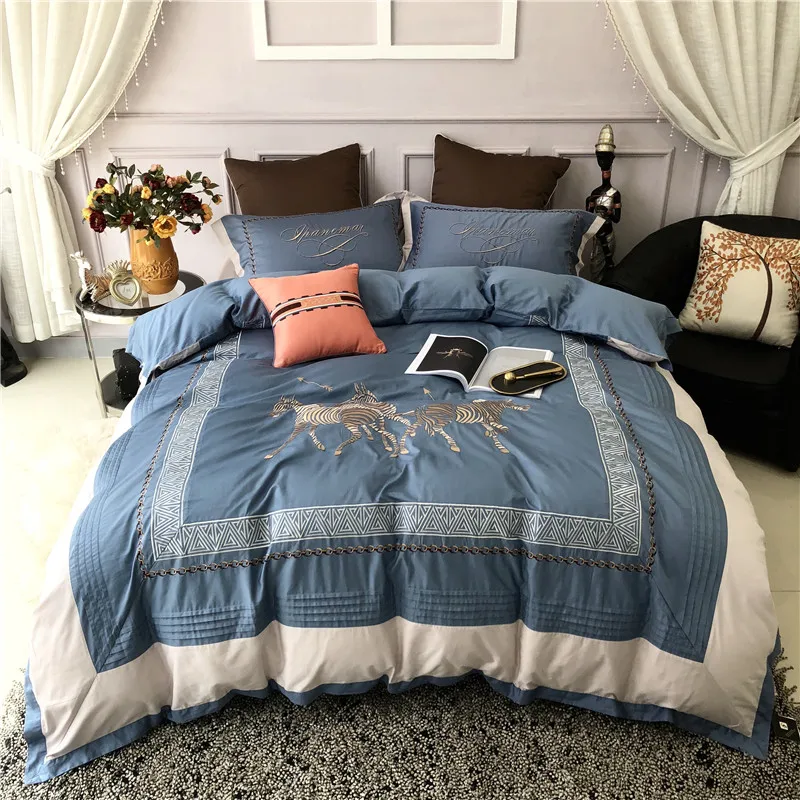 

New Luxury European style Horse Embroidery 60S Egyptian Cotton Blue Gray Bedding Set Duvet Cover Bed sheet Bed Linen Pillowcases