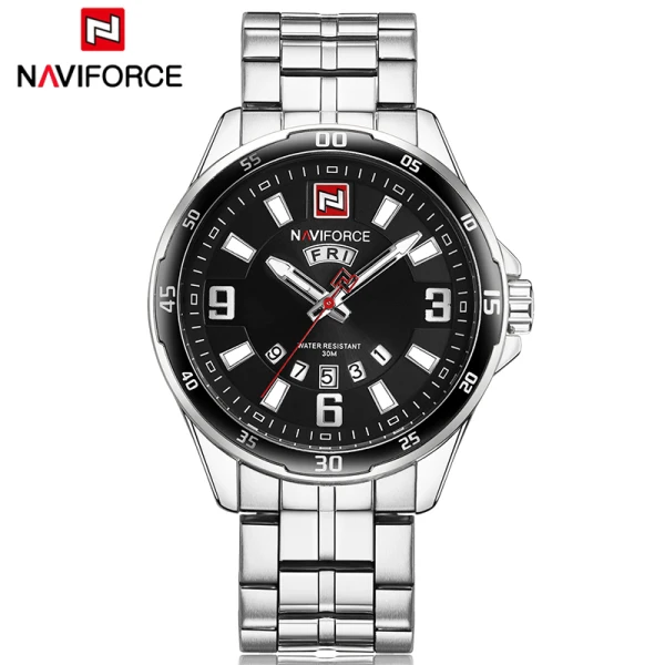 Мужские золотые часы Топ бренд Naviforce 9106 спортивные часы мужские водонепроницаемые полностью Стальные кварцевые армейские военные часы мужские Relogio Masculino - Цвет: Silver Black