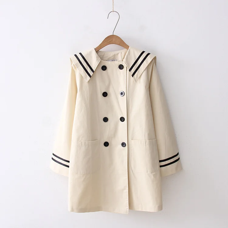Double breasted preppy style sailor collar trench coat Loose coat mori