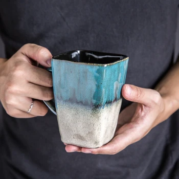 

Creative Flow glaze Coffee Cups With Spoon Continental Tea Set Tea Cup Simple Household Matte color Ceramic Coffee Cups Gift
