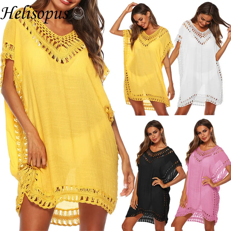 

New 2019 Kaftan Tunic Beach Dress Women Bikini Swim Cover Ups Summer Swimsuit Cover Up Boho White Yellow Dresses Pareo Cover-ups