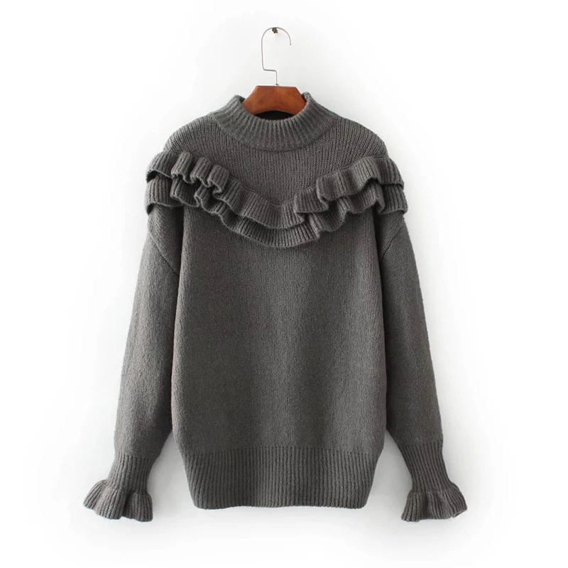 

Nice Pop Tide Winter Women Sweater Lady Gray Thick Ruffles Turtleneck Full Sleeve Knitted Pullover Casual Loose Plus Size Jumper
