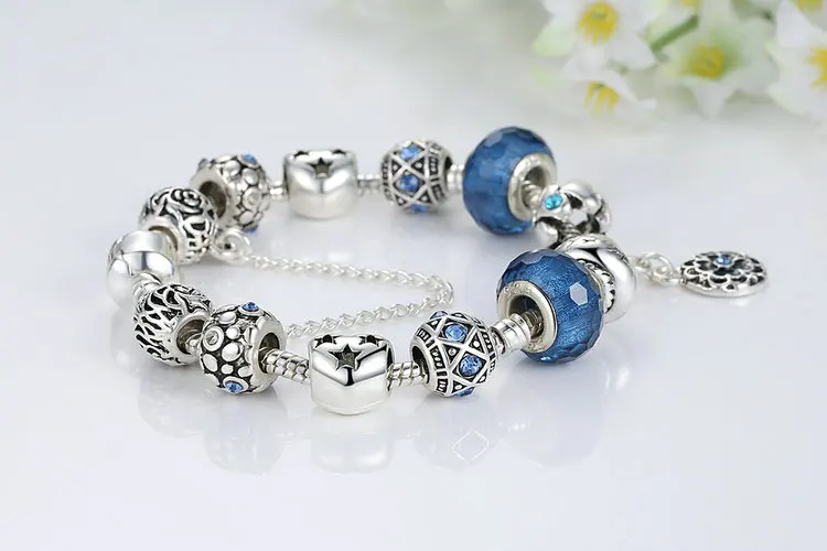 Серебряная цветная змеиная цепь, очаровательные браслеты и браслеты с безопасной цепочкой и стеклянными бусинами, браслет для женщин PA1494