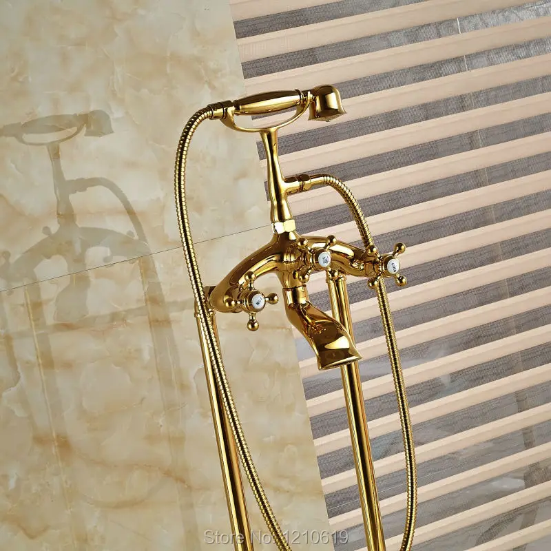 Европейский роскошный кран для ванной комнаты с ручной душевой Золотой пластиной напольного типа смеситель для ванной