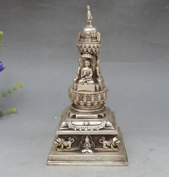 

China collection archaize white copper Tibetan Buddhism pagoda statue