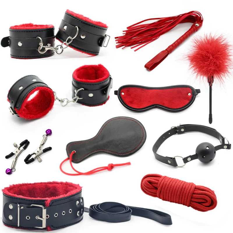 10pcs/set Adult Games sex toy soft Leather sexy toys Sex Toys For Couples Slave bondage handcuffs nipple clamps whip gag paddle adult sex products bondage restraints 10 pieces set sex toys for couples handcuffs whip gag for adult slave game erotic toys