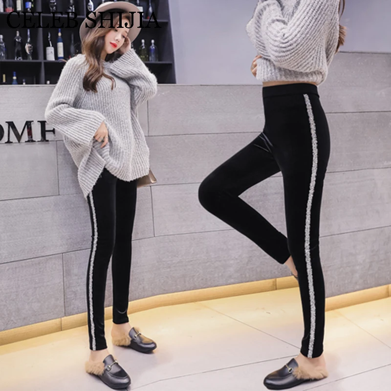 

2019 New winter velvet pants woman sequins track long trousers warm velvet high waist elastic winter autumn pencil pants female