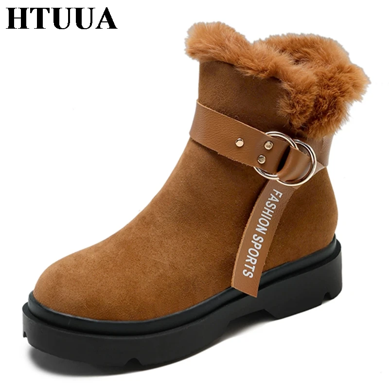 HTUUA Fluffy Fur Plush Women Boots Lace up Solid Casual Ankle Boots