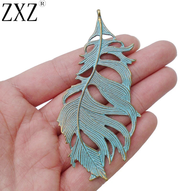 

ZXZ 2pcs Green Verdigris Patina Large Feather Leaf Charms Pendants for Jewelry Making Findings 86x41mm