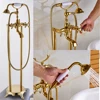 Uythner Gold Floor Mounted Tub Sink Faucet Dual Handle Bathroom Bath Shower Set Freestanding Bathtub Mixer Tap with Handshower 1