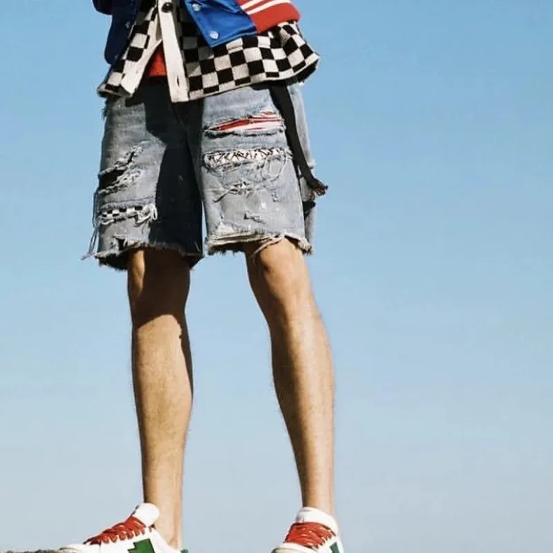 

man jeans black blue summer streetwear Hole Cashew flowers Loose Denim shorts Hip Hop casual Button Fly harajuku funny jeans