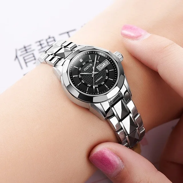 JSDUN Роскошные для женщин автоматические механические часы нержавеющая сталь Группа водостойкие женские часы Relogio feminino - Цвет: Silver Black