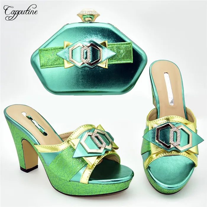 

New fashion green slip-on high heel sandal shoes and purse bag set for lady 636-1, heel height 11cm