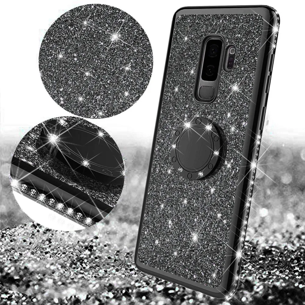 Ultra Thin Soft TPU Gel Case For Samsung Galaxy S9 Plus S9Plus S9+ 3D Bling Plating Clear Cover 360 Magnetic Ring Holder Stand |