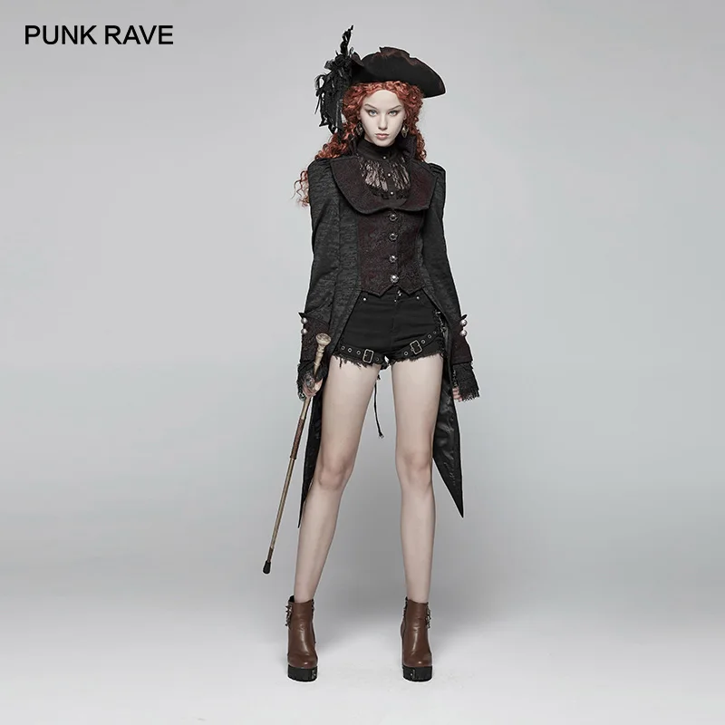 

PUNK RAVE New Gothic Black Burgundy Red Jacquard Tailcoat Steampunk Vintage Dress Fashion Club Party Swallow Tail Women Jacket
