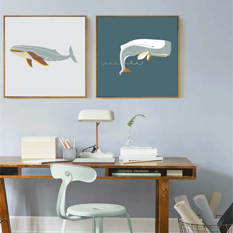 

HAOCHU Modern Animal Abstract Ocean Whale Print Wall Art Picture Canvas Painting Square Posters for Children Room Home Office