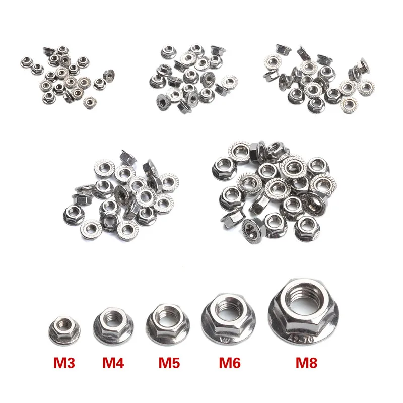 

20Pcs 304 Stainless Steel Hexagon Flange Nuts M3 M4 M5 M6 M8 Slip Locking Lock Nut