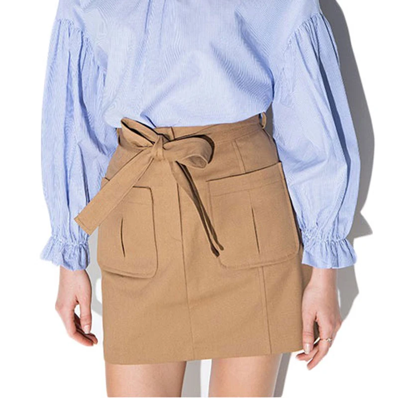 Image LIENZY Spring Khaki Elegant Women Skirt With Pocket High Waist Bandage Casual Blended Woolen Office Women Mini Skirt