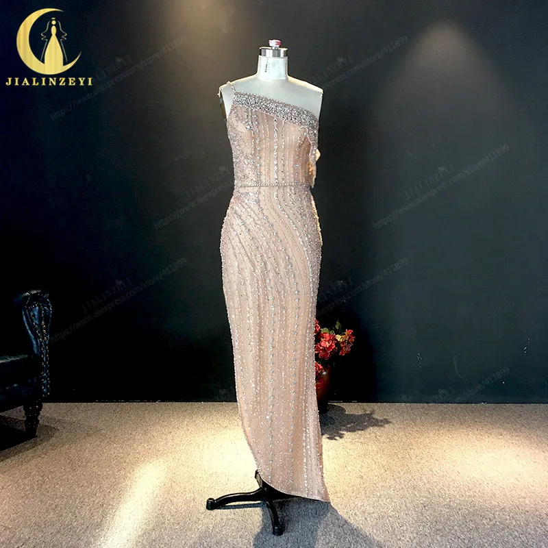 

JIALINZEYI Real Picture Newest Sexy One Sholder Fashion Crystal Beads Luxurious Party Dress Formal Dress Evening Dresses 2019