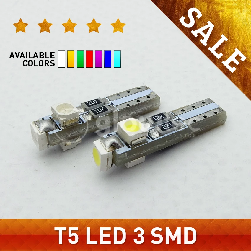 

1pc DC12V Car T5 74 17 0.5W 3SMD 1210/3528 3 smd Canbus Error Free LED Light Bulb 7-Colors GLOWTEC