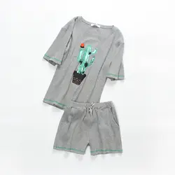 Весенне-летний женский пижамный комплект с рисунком кактуса, комплект одежды для сна с короткими рукавами + шорты, удобная хлопковая