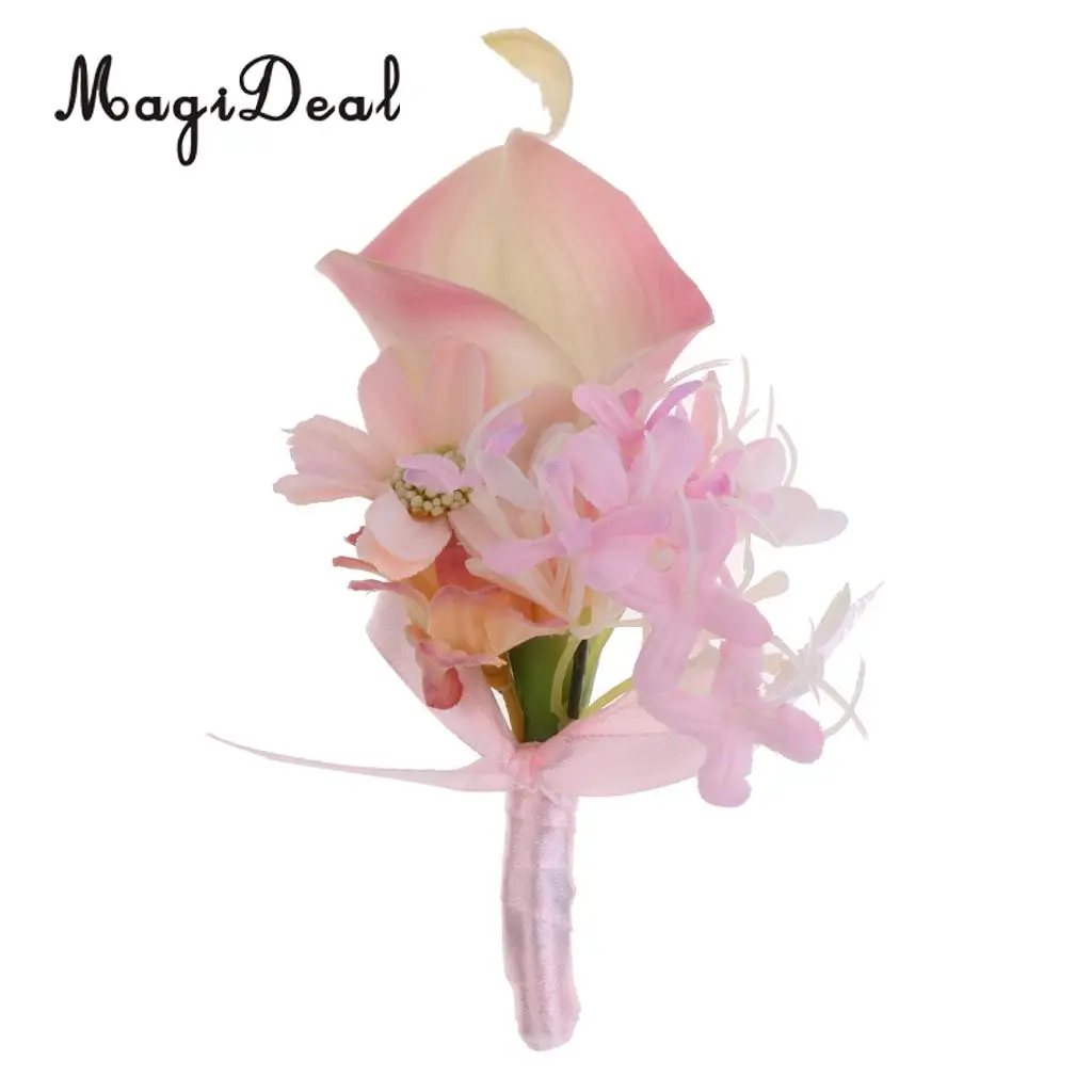 MagiDeal Handmade Fabric Calla Boutonniere Corsage Flower for Bride Groom Wedding Formal Party Accessory Pink/Purple 14 x 9 x4cm