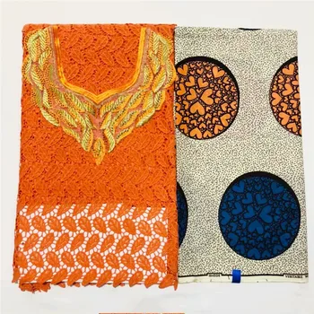 

African Oragne Guipure Lace Chemical Lace Fabric 2.5y+3y Ankara New Cotton Wax Prints Fabric+ Nice Sequins Chest Lace For Dress